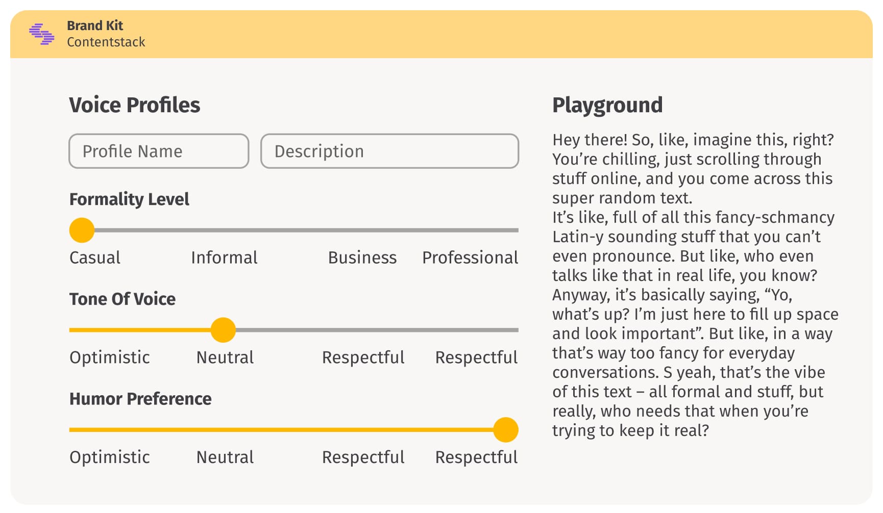 Contentstack Brand Kit enables voice profiles to ensure that content is aligned with your brand